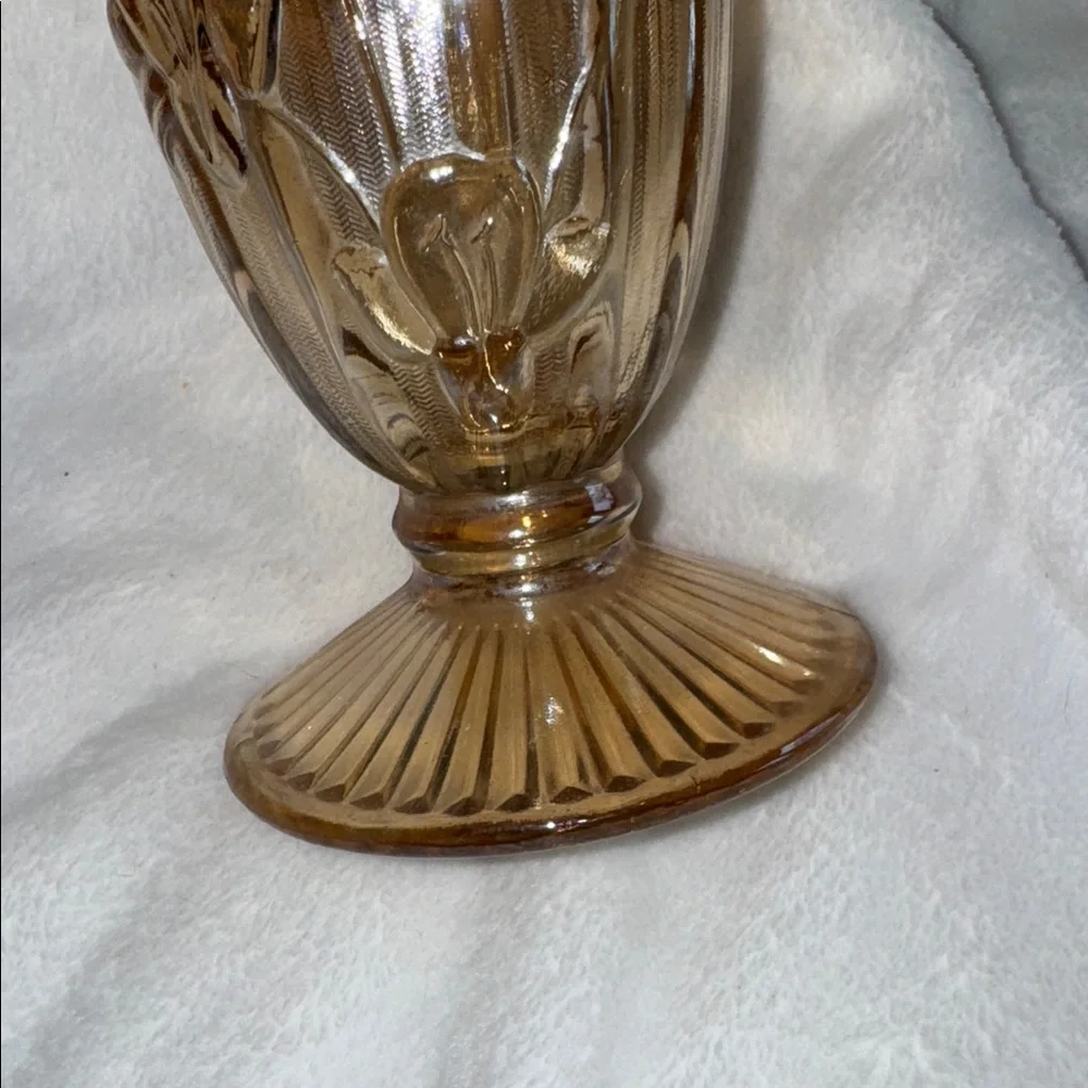 Vintage Jeannette Marigold Carnival Glass Footed Vase Iris & Herringbone 9